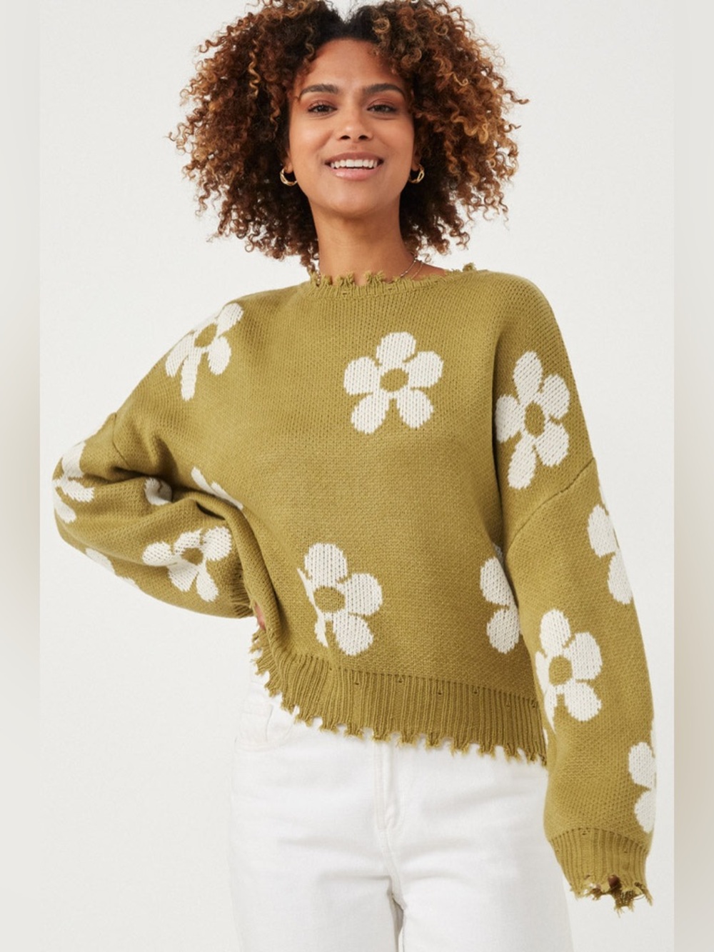Hayden Los Angeles Distressed Floral Patterned Pullover Sweater - Picture 1 of 3
